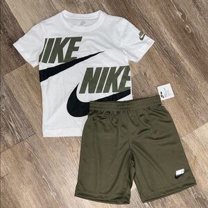 Nike White and Olive Green Logo Tee and Shorts